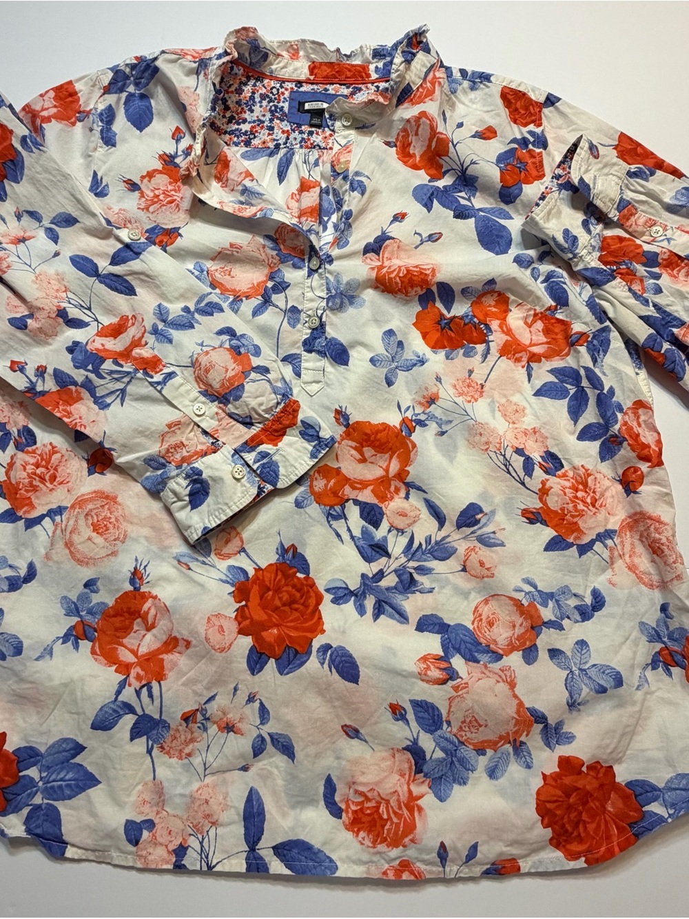 Casual Floral Shirt in White with Deep Orange & Blue Floral Print